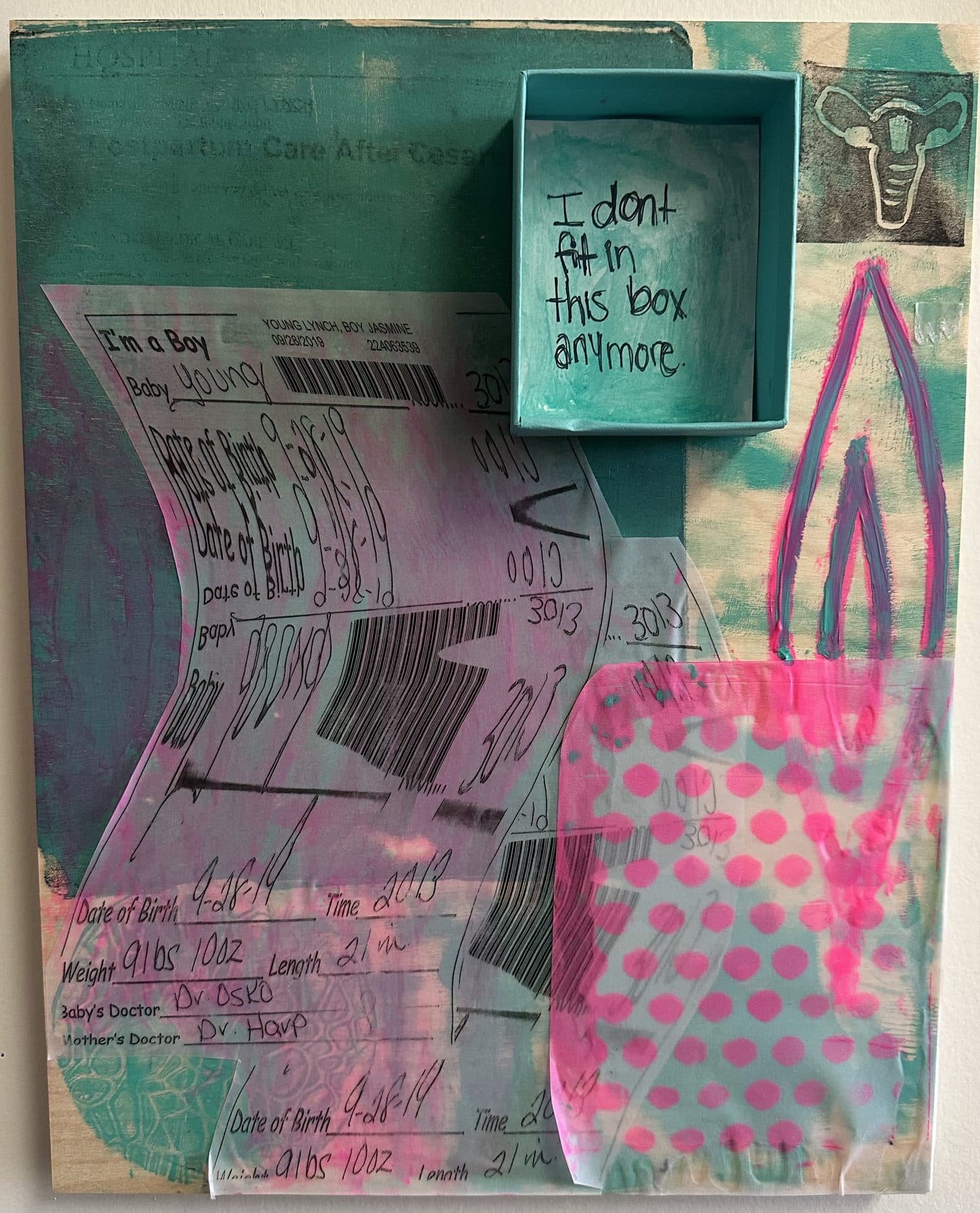 A mixed-media collage in teal and hot pink: layered hospital paperwork and a birth record, a pink polka-dot shape, and a repurposed teal Tiffany box mounted near the top with handwriting inside reading “I don't fit in this box anymore”