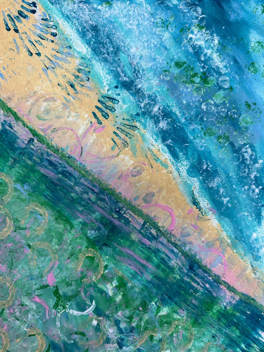 A textured painting in turquoise, sea green, and peach with diagonal bands like waves meeting a shoreline