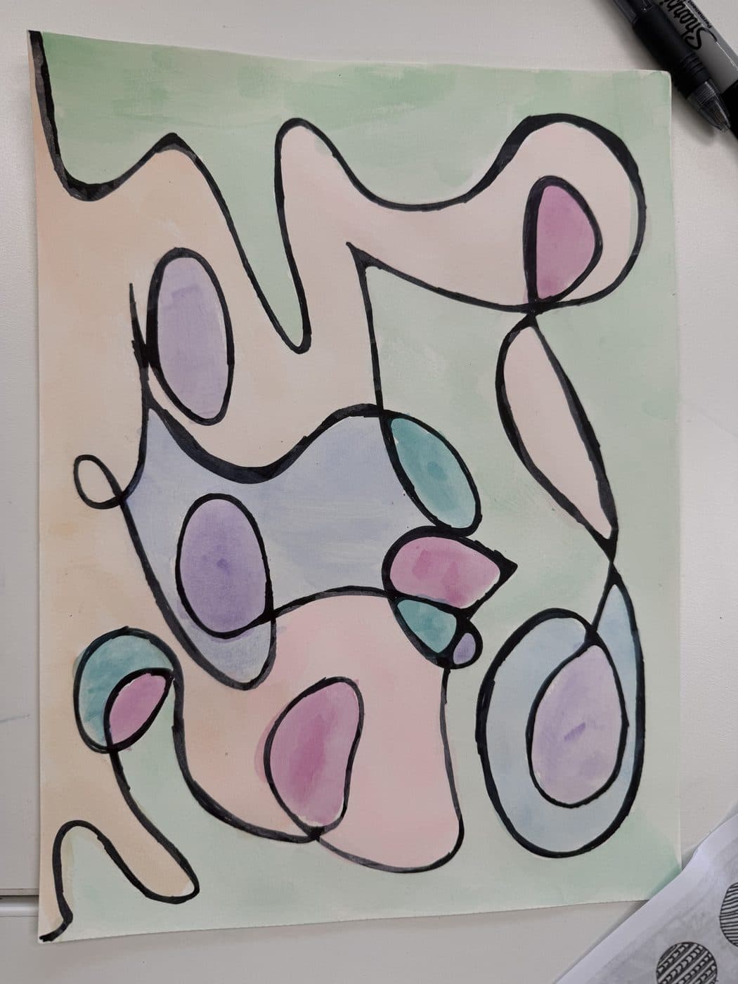 A pastel watercolor with a continuous black line looping into rounded shapes filled with pale pink, lilac, and mint
