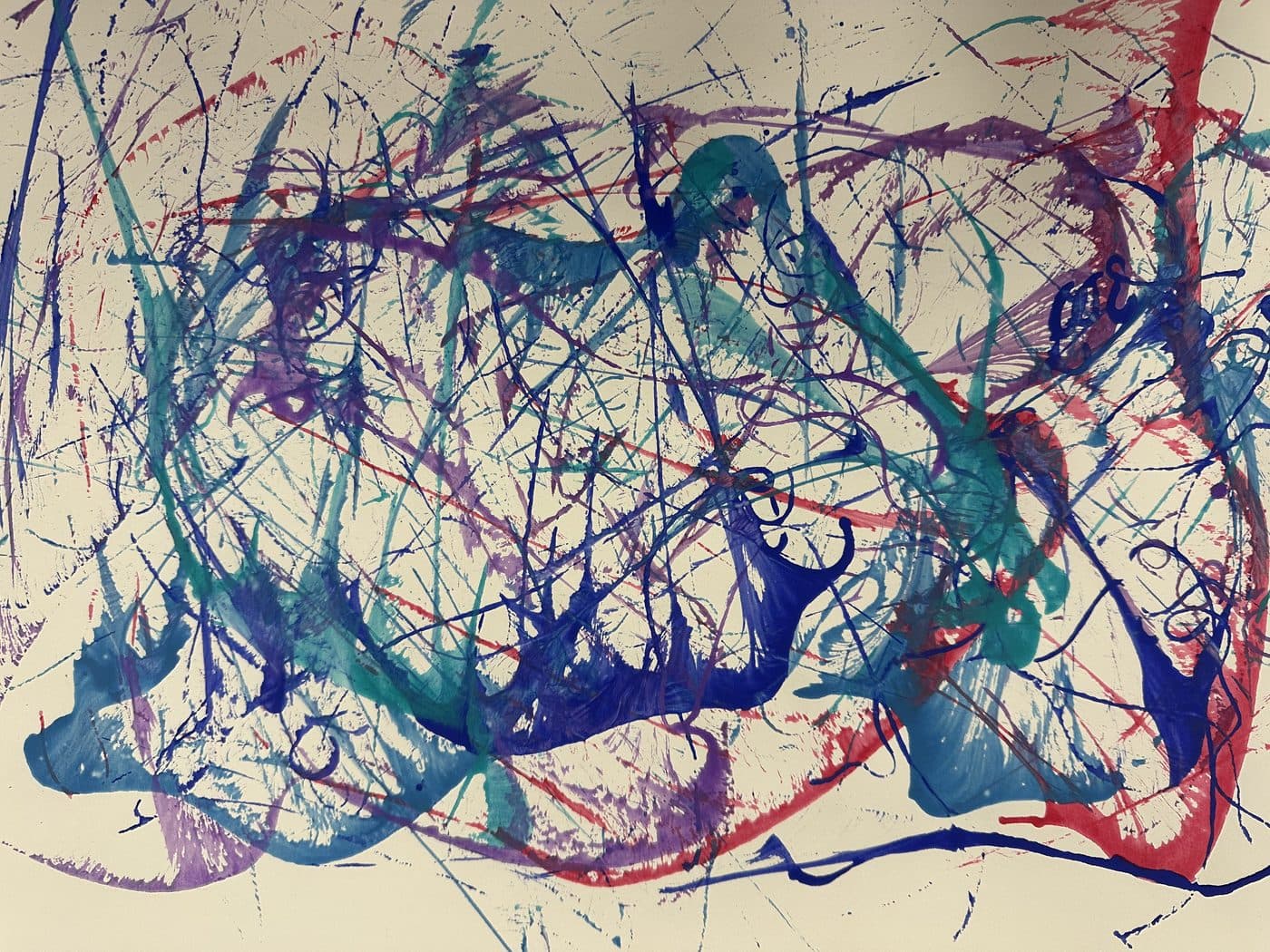 A playful string-pull painting with tangled lines of blue, purple, teal, and red paint across cream paper