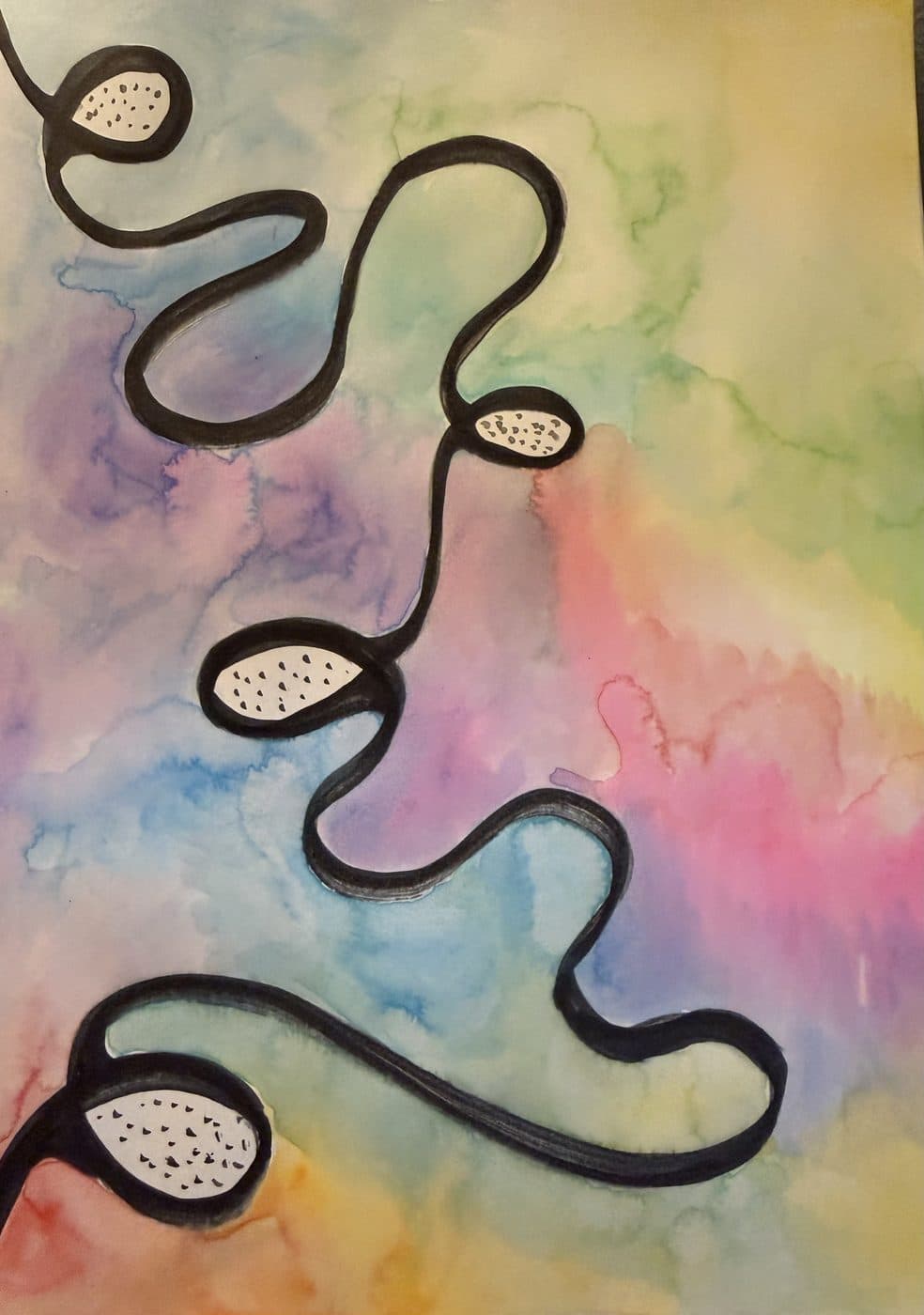 A soft rainbow watercolor wash with a thick black ribbon line curling across it and small speckled pods