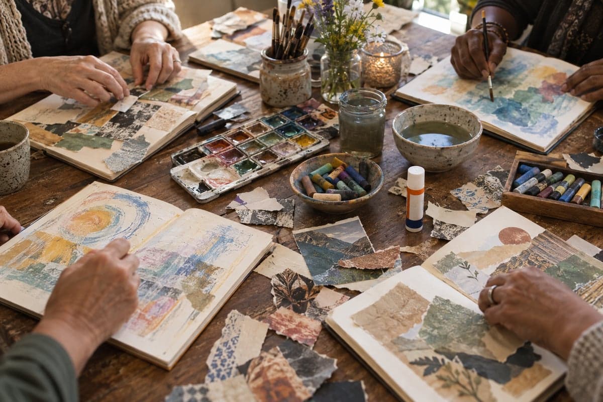 Overhead view of several people's hands working in art journals together at a shared table, with watercolor, pastels, and torn paper